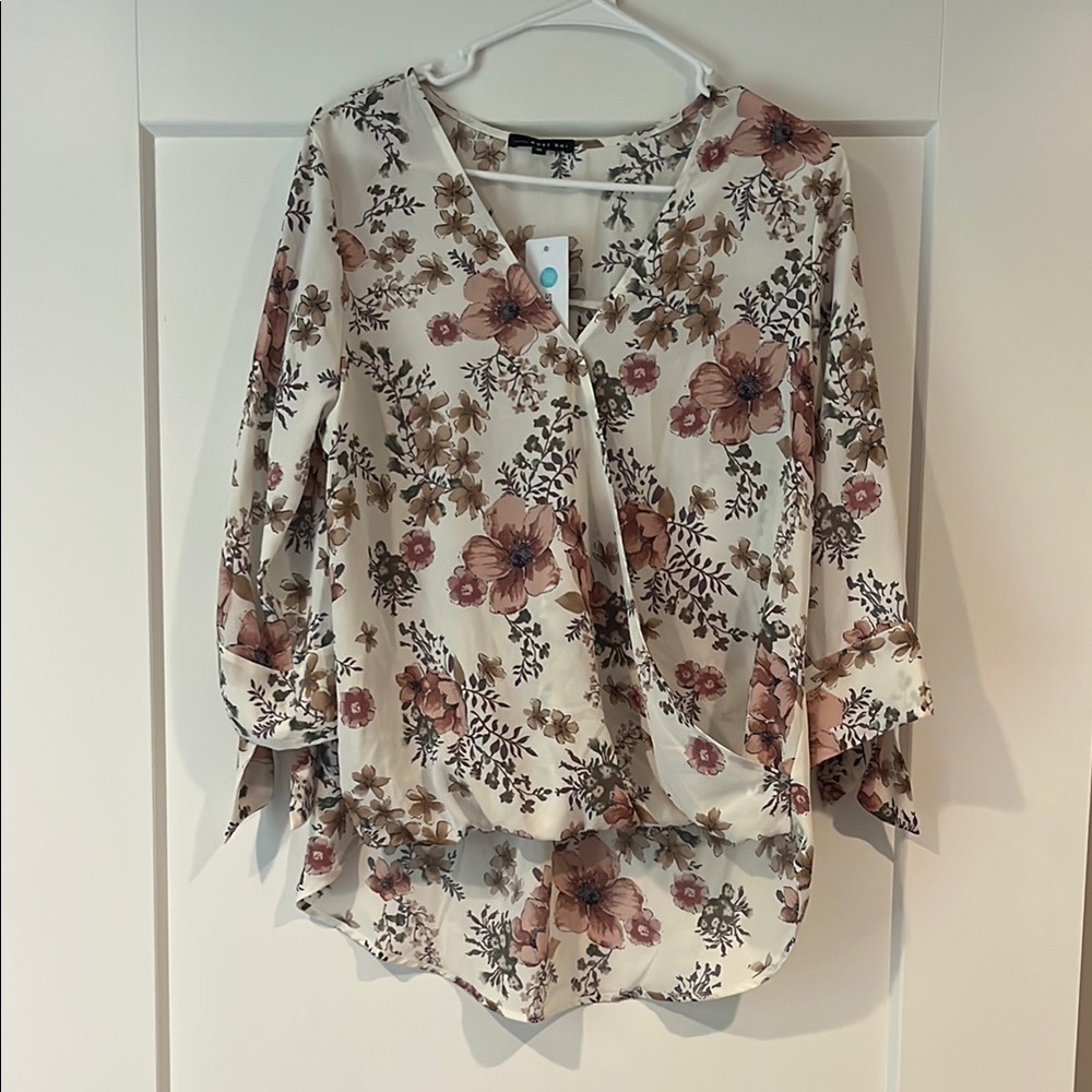 West Kei Cream Floral High-Low Wrap Blouse 3/4 Sleeve